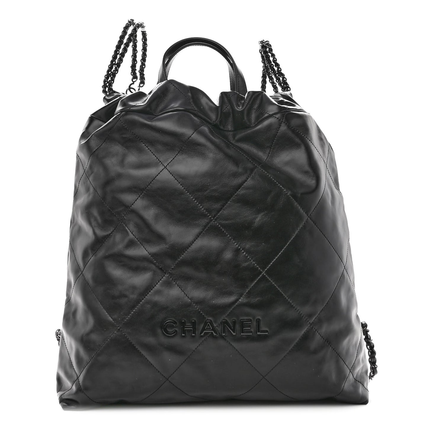 Shiny Calfskin Quilted Chanel 22 Backpack So Black