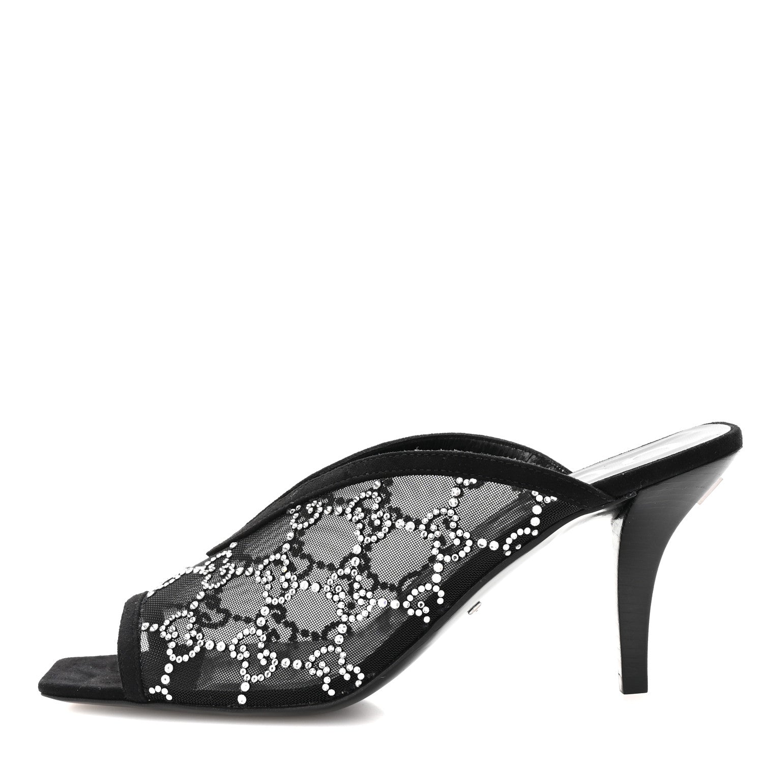 Gucci Tela Retino Kid Scamosciato Crystal GG Monogram Square G 95mm Slide Sandals 37.5 Black 1 of 9