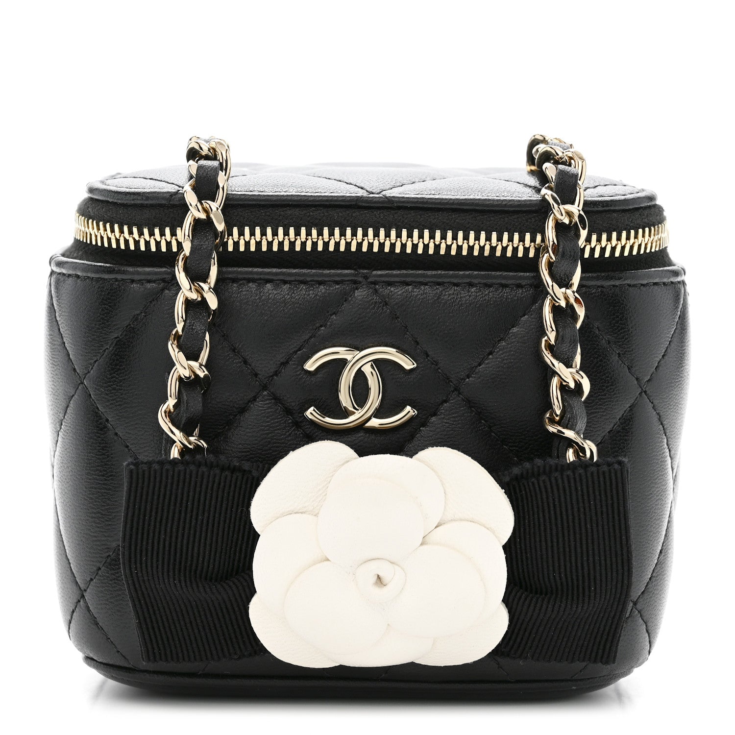 Chanel Lambskin Quilted Mini Camellia Bow Vanity Case With Chain Black 1 of 10