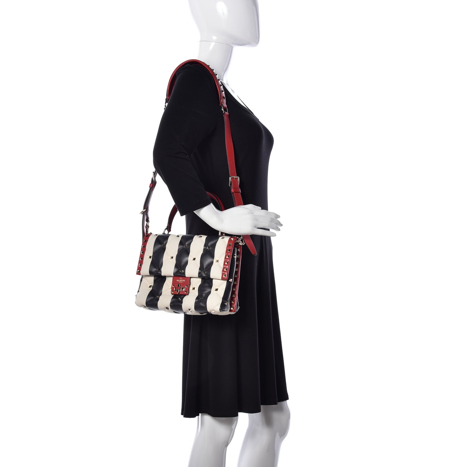 Valentino Garavani Nappa Striped Medium Candystud Top Handle Bag White Black 2 of 14