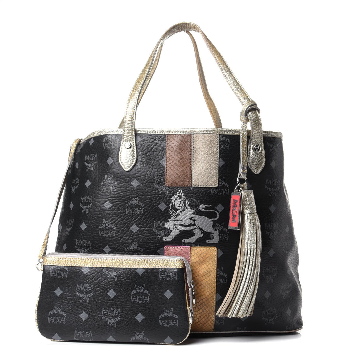MCM Visetos Striped Munich Lion Tote Black 1 of 13