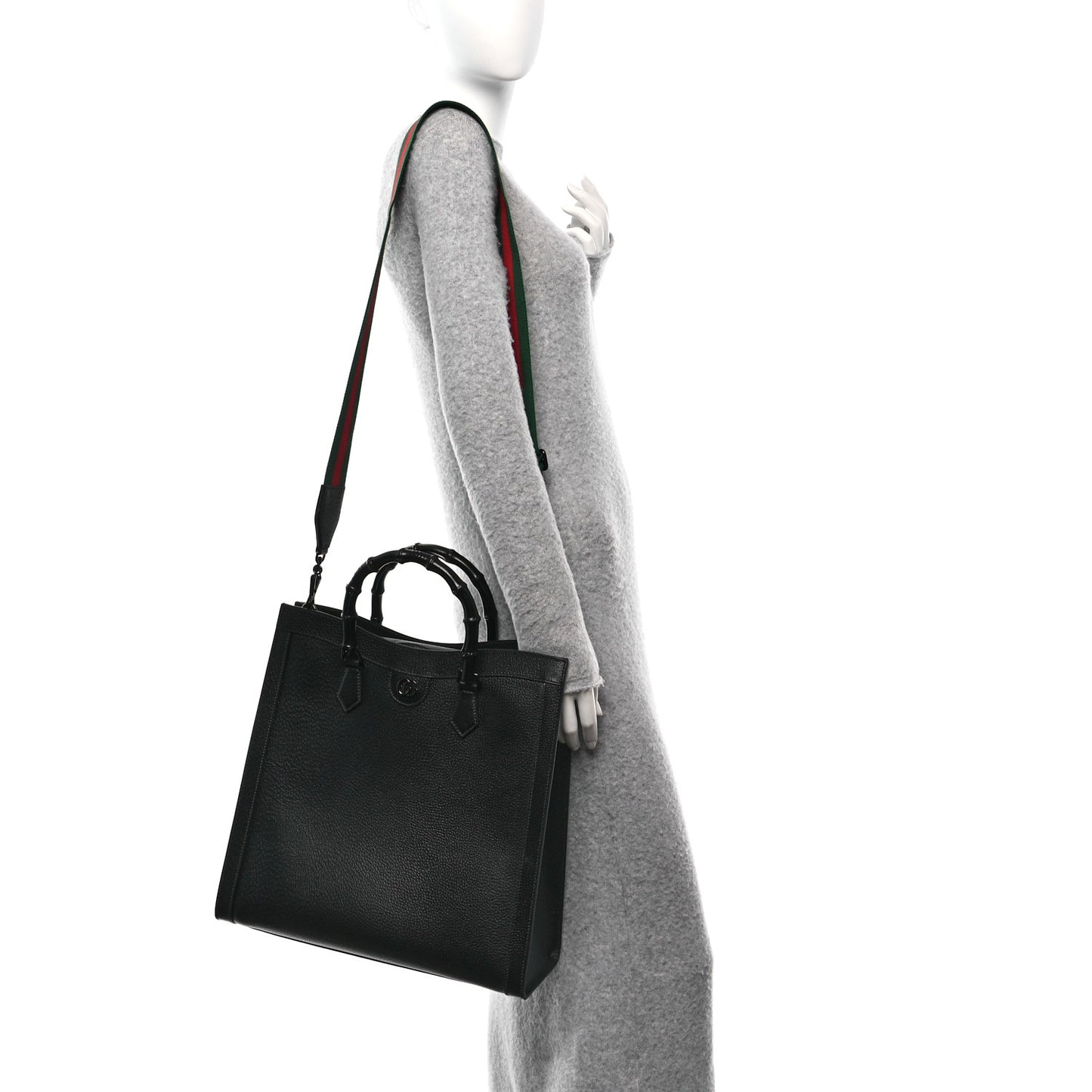 Textured Dollar Calfskin Web Monochrome Large Diana Tote Bag Black