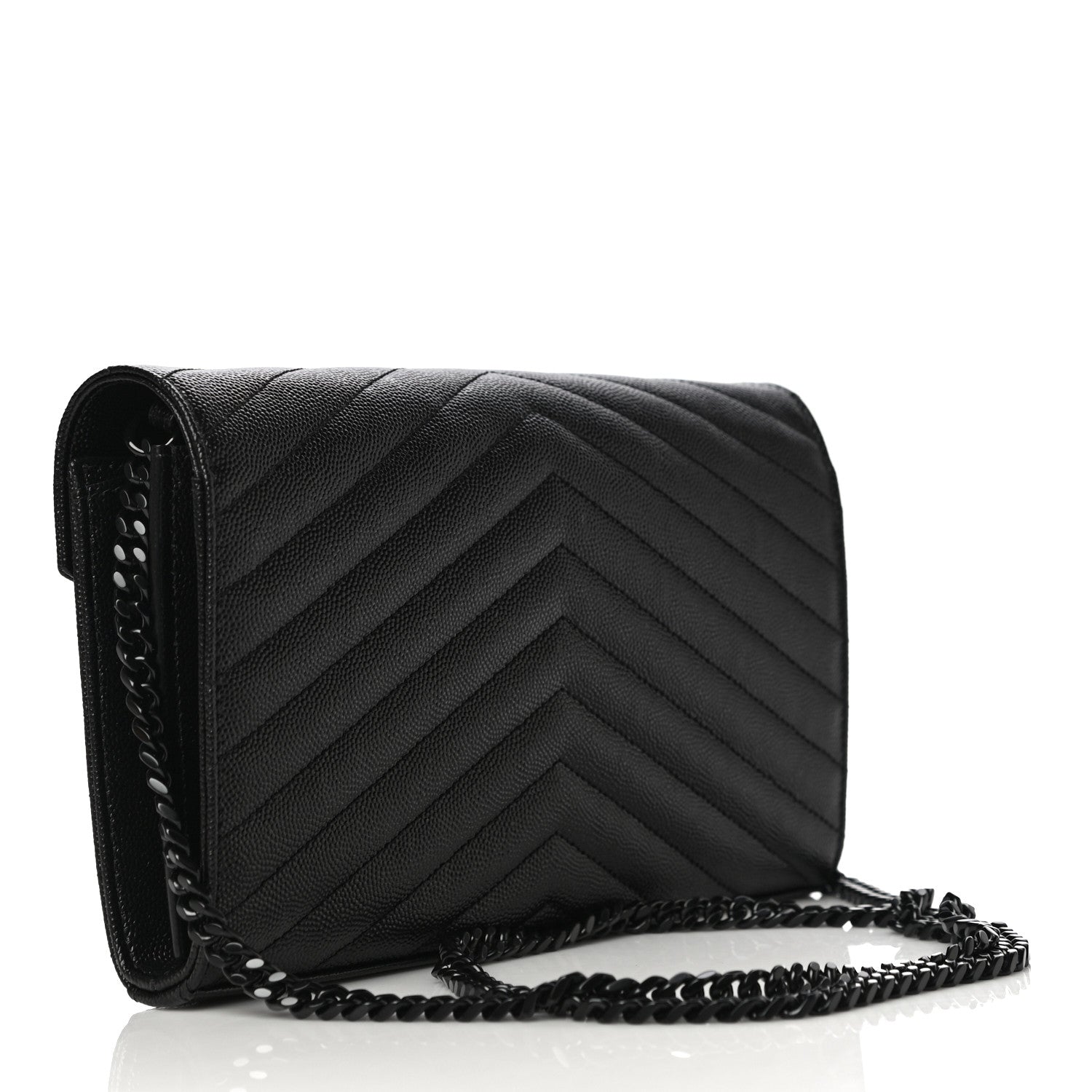 Saint Laurent Grain De Poudre Matelasse Chevron Monogram Chain Wallet Black 3 of 10