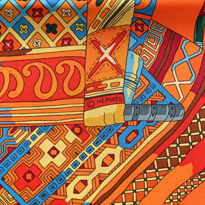 Hermes Silk Voyage En Etoffes Scarf 90 Orange Violet Jaune 4 of 6