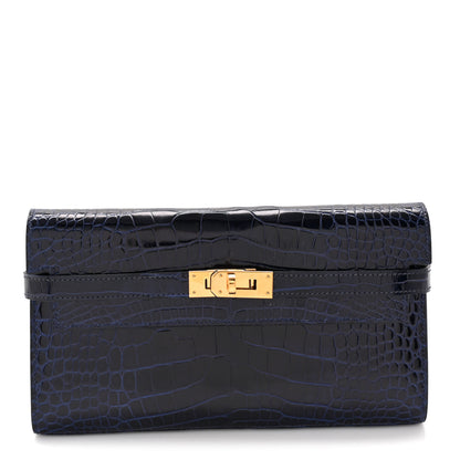 Hermes Shiny Alligator Kelly Longue Wallet Bleu Marine 1 of 9