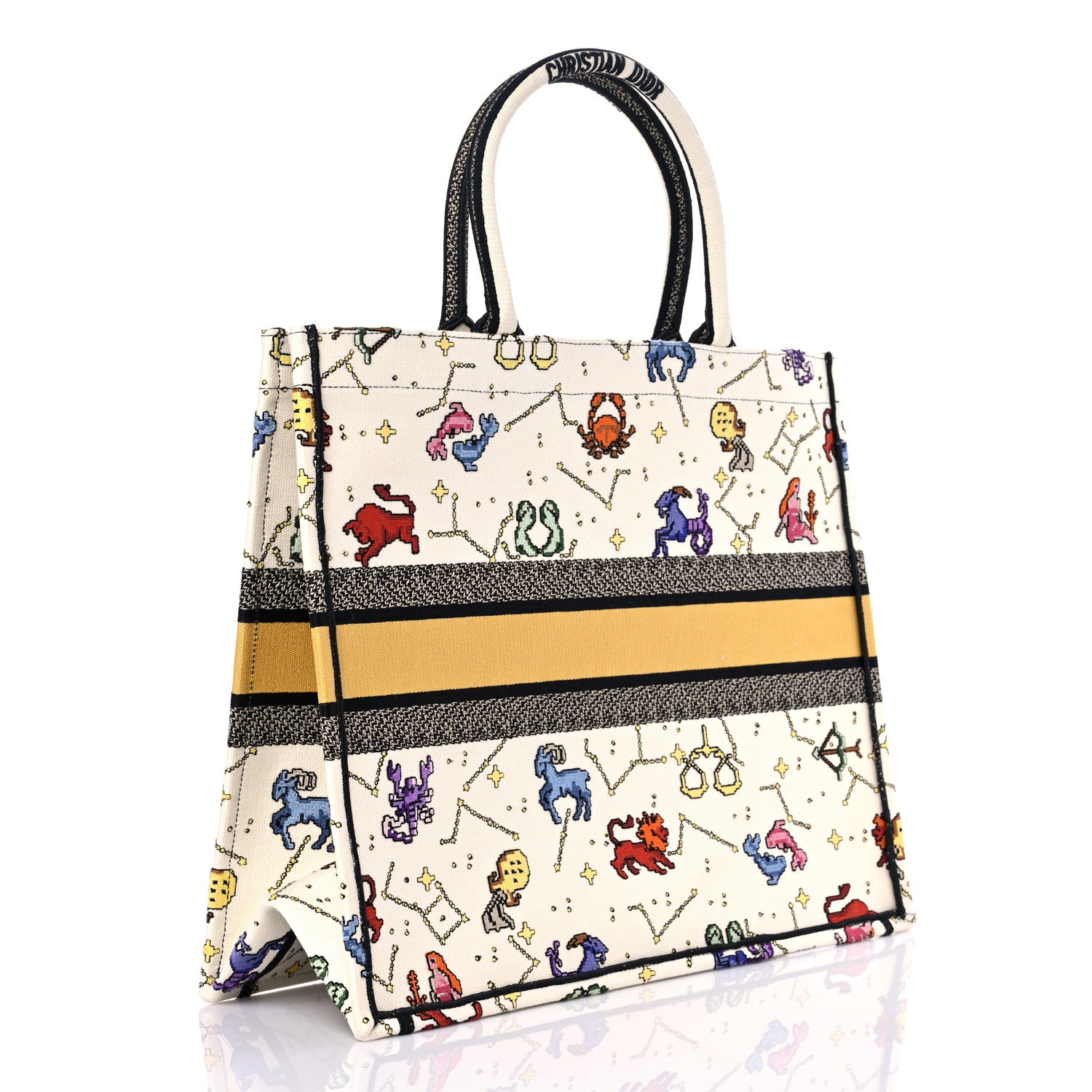 Christian Dior Canvas Embroidered Large Pixel Zodiac Book Tote Latte Multicolor 3 of 12