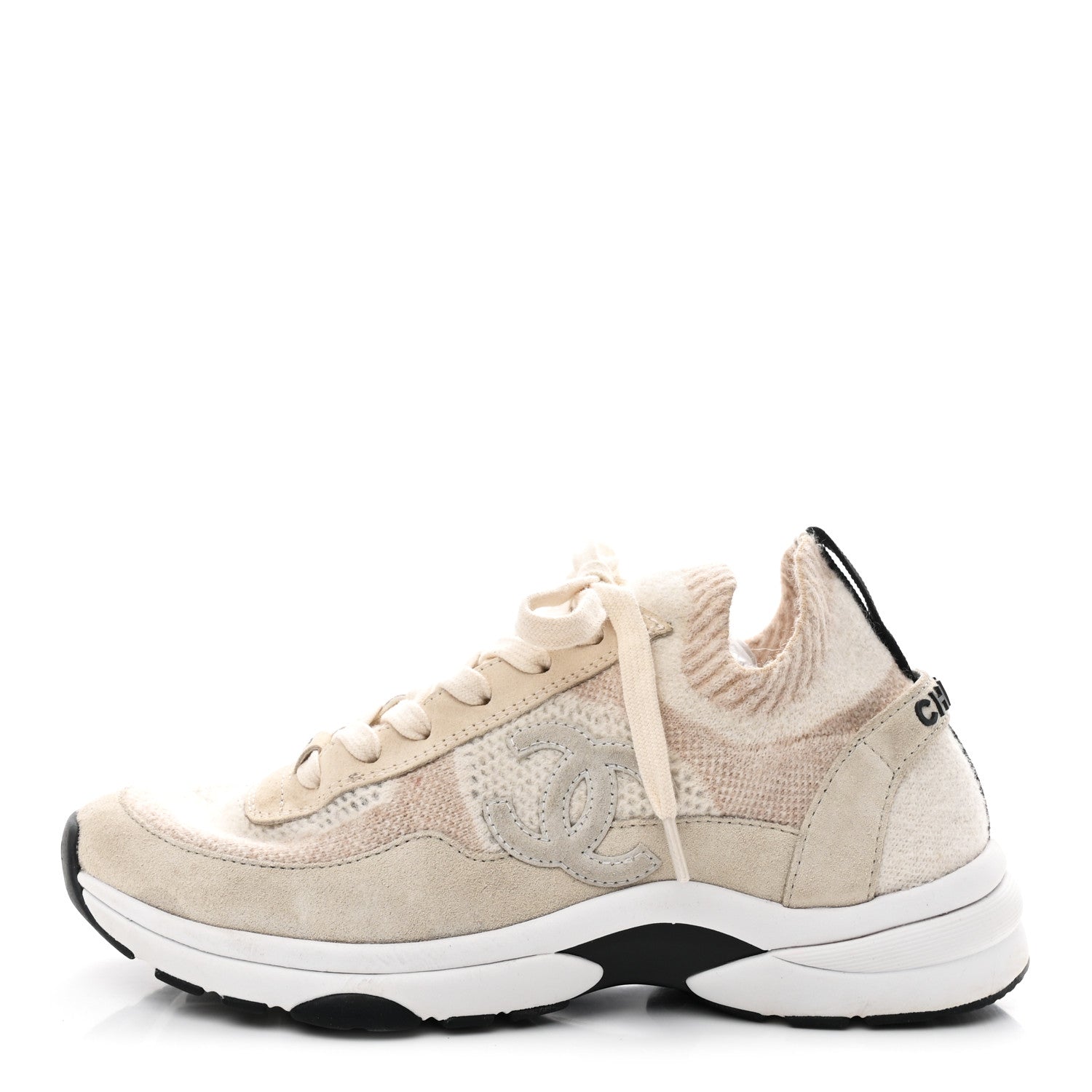 Chanel Knit Fabric Suede Calfskin Womens CC Sneakers 38.5 Ivory 1 of 9