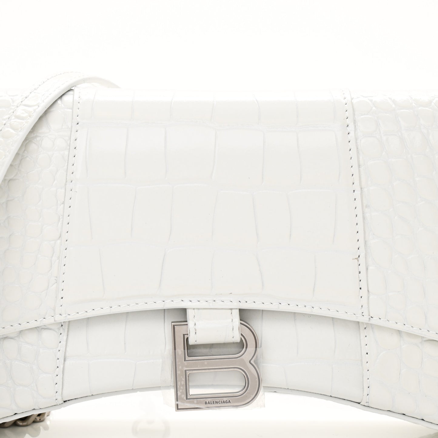 Shiny Calfskin Crocodile Embossed Small Hourglass Evening Chain Bag White
