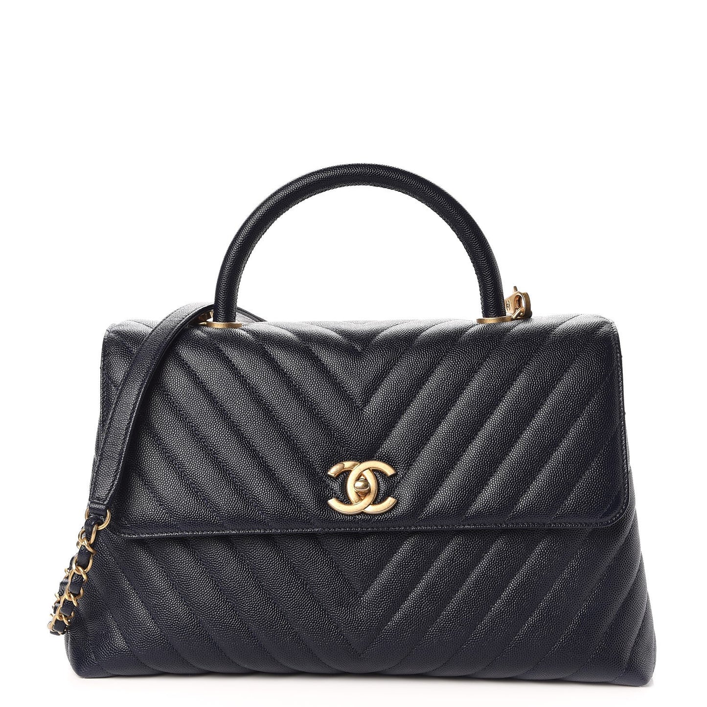 Caviar Chevron Quilted Medium Coco Handle Flap Navy Blue