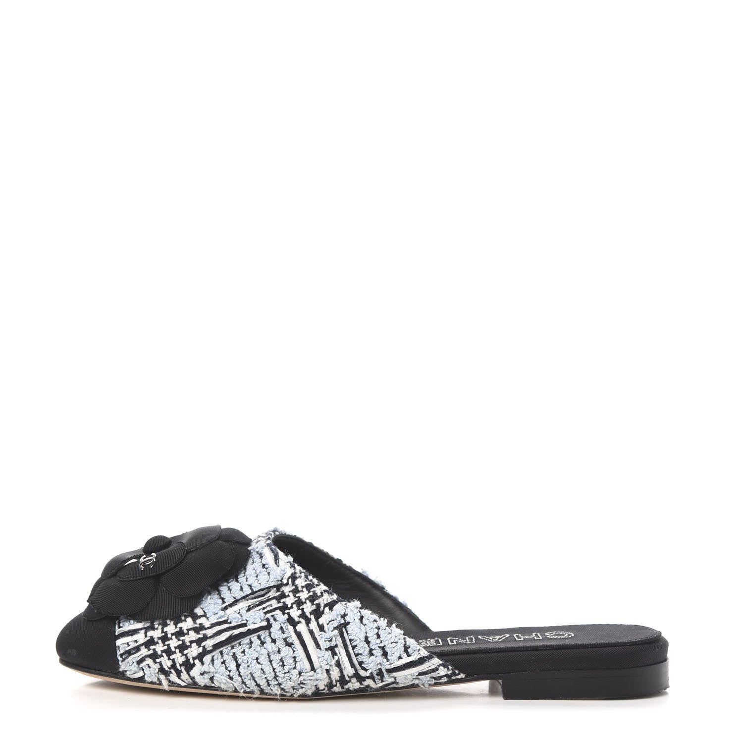 Chanel Tweed Grosgrain Camellia CC Flat Mules 35.5 Blue Silver Black 1 of 8