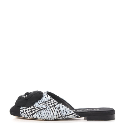 Chanel Tweed Grosgrain Camellia CC Flat Mules 35.5 Blue Silver Black 1 of 8