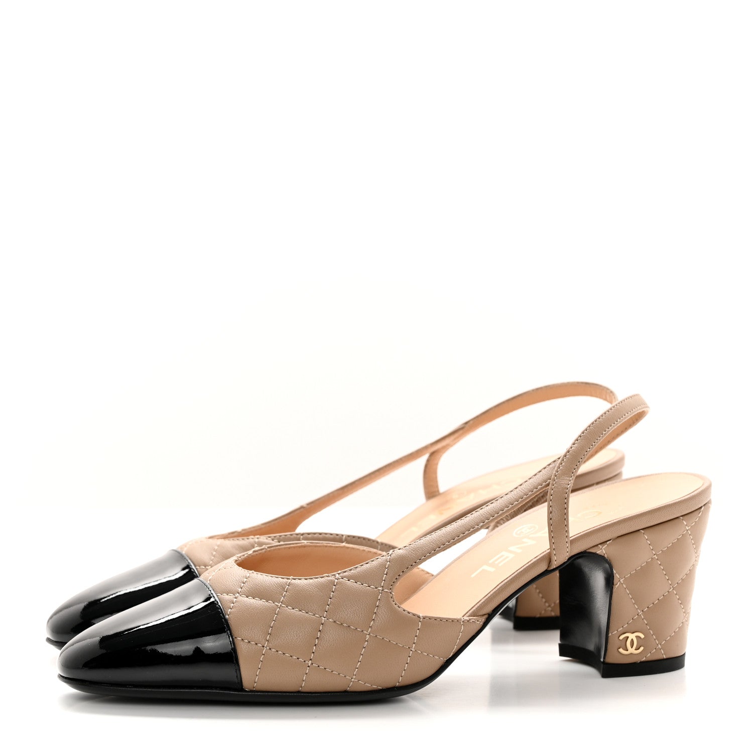 Chanel Lambskin Patent Calfskin Quilted Cap Toe CC Slingback Pumps 38 Beige Black 3 of 9