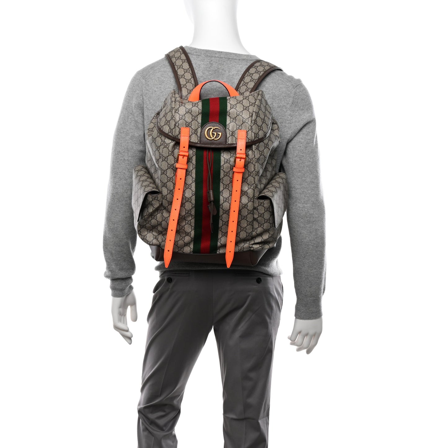 GG Supreme Monogram Medium Ophidia Double Buckle Backpack Beige Ebony Neon Orange