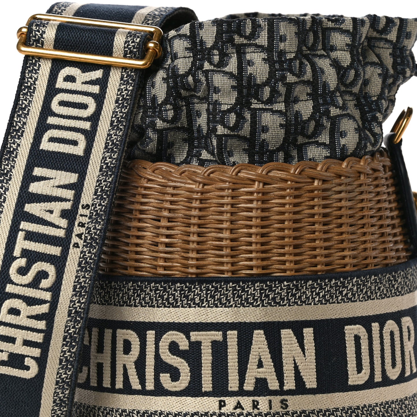 Wicker Oblique Drawstring Bucket Bag Blue