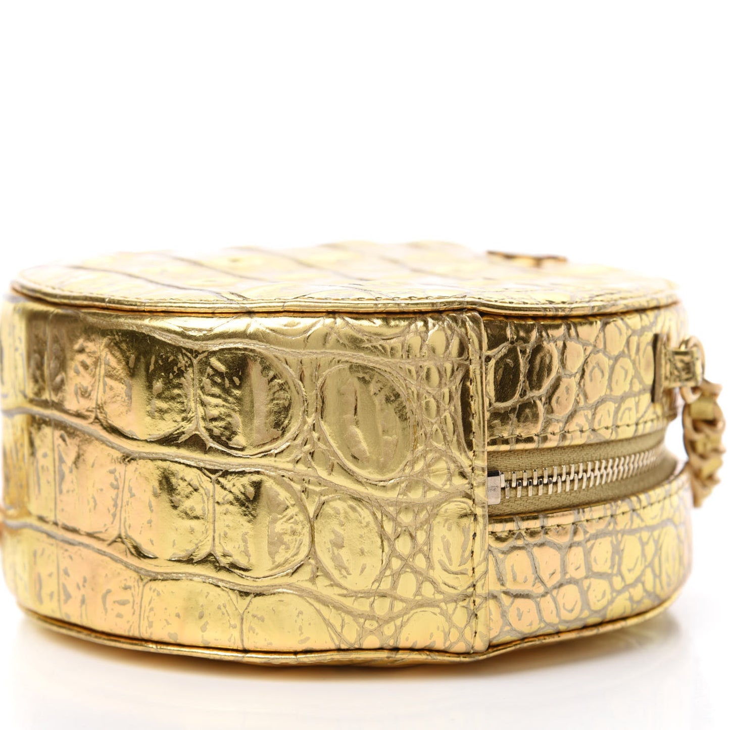 Metallic Calfskin Crocodile Embossed Cocodile Round Clutch with Chain Gold