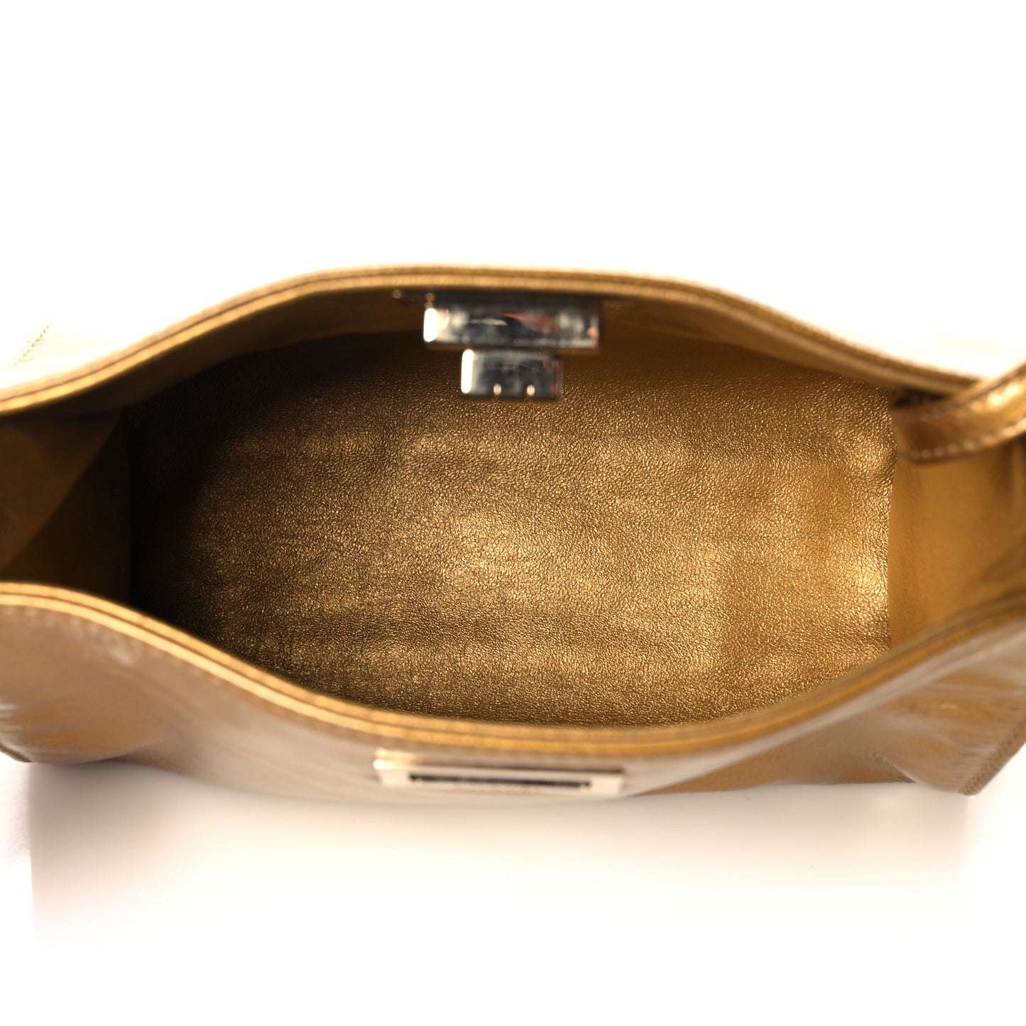 Metallic Patent Mademoiselle Lock Convertible Wrist Clutch Bag Gold