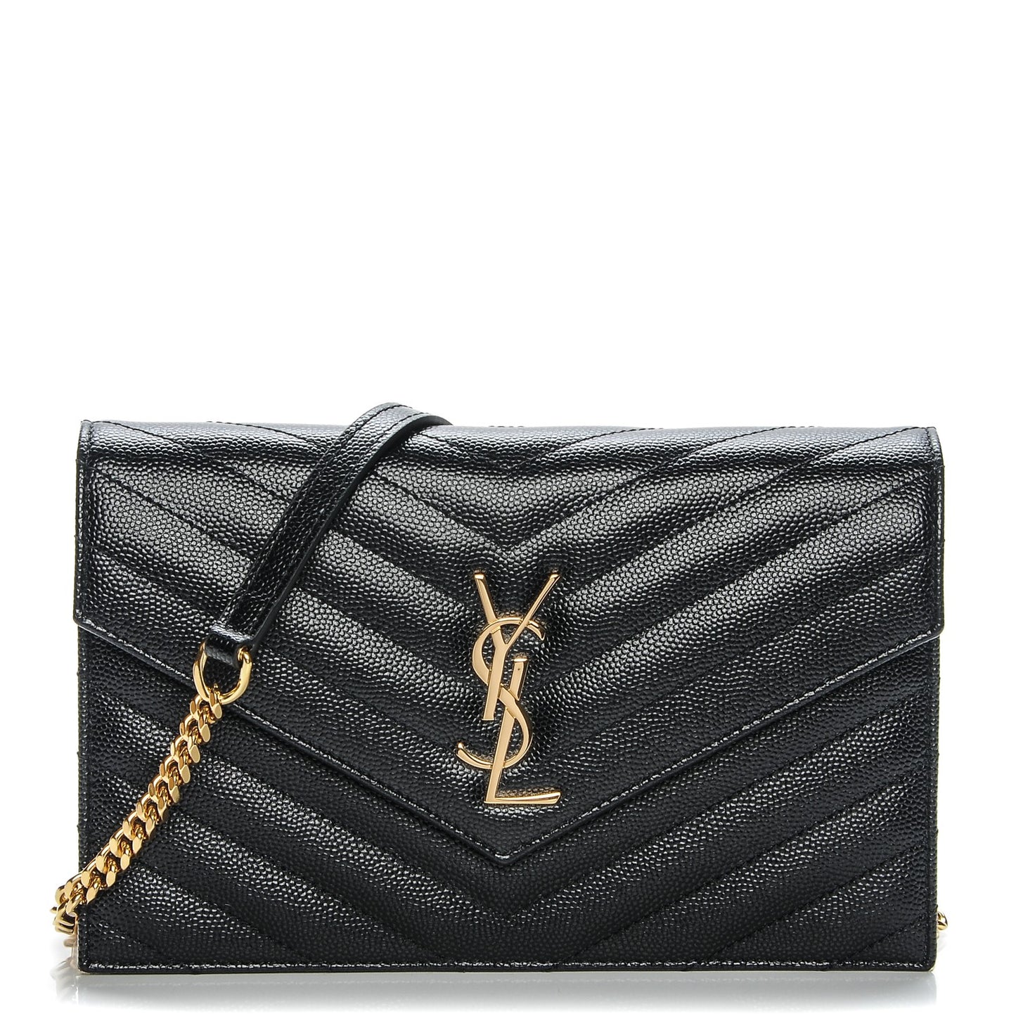 Grain De Poudre Matelasse Chevron Monogram Envelope Chain Wallet Black