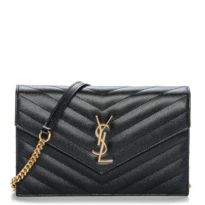 Saint Laurent Grain De Poudre Matelasse Chevron Monogram Envelope Chain Wallet Black 1 of 6