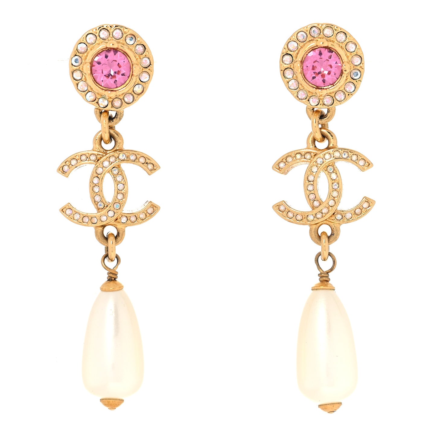 Metal Crystal Pearl CC Drop Earrings Gold Pink White