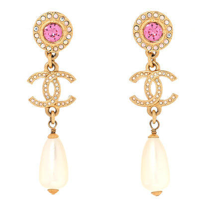 Chanel Metal Crystal Pearl CC Drop Earrings Gold Pink White 1 of 6