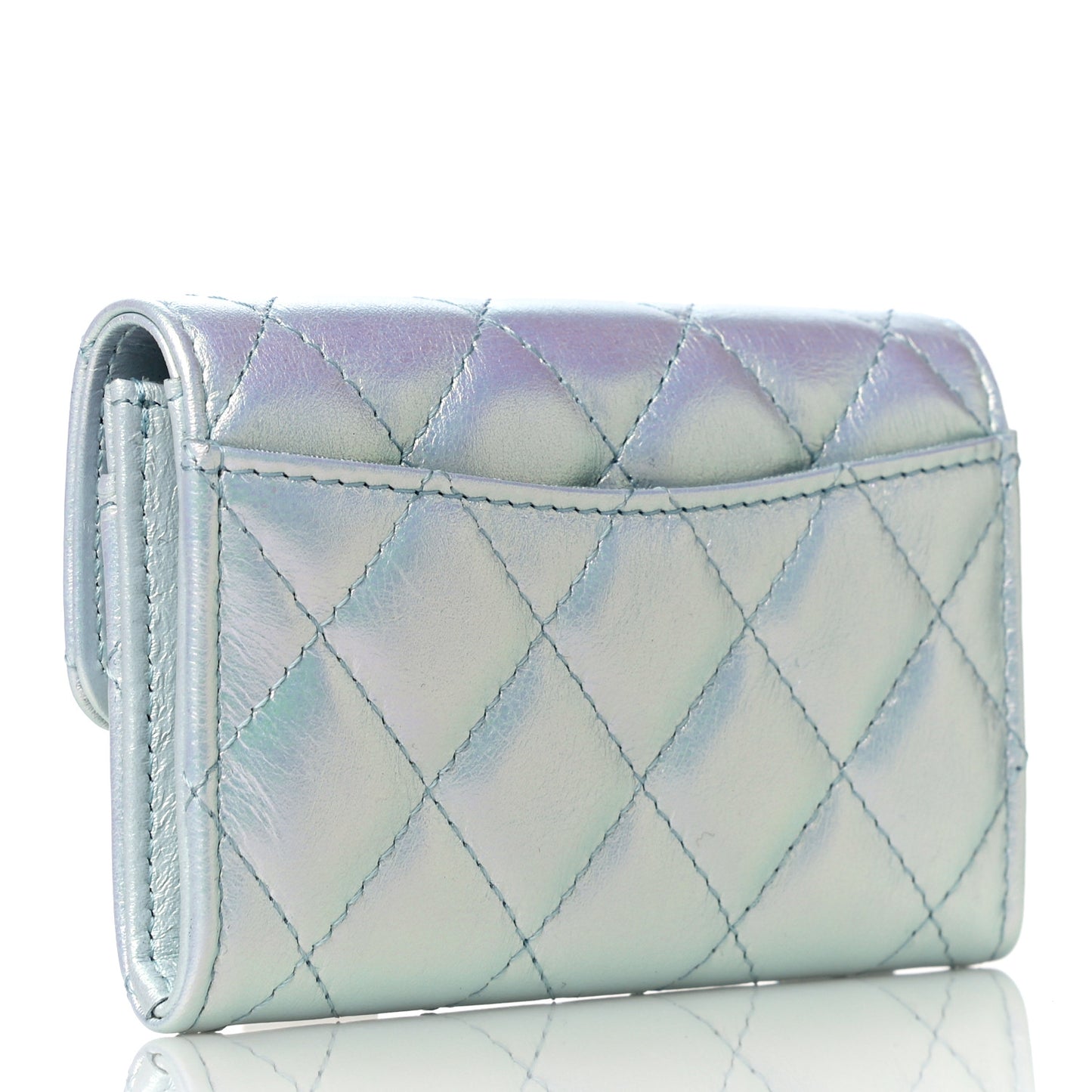 Iridescent Calfskin Quilted Flap Card Holder Light Blue