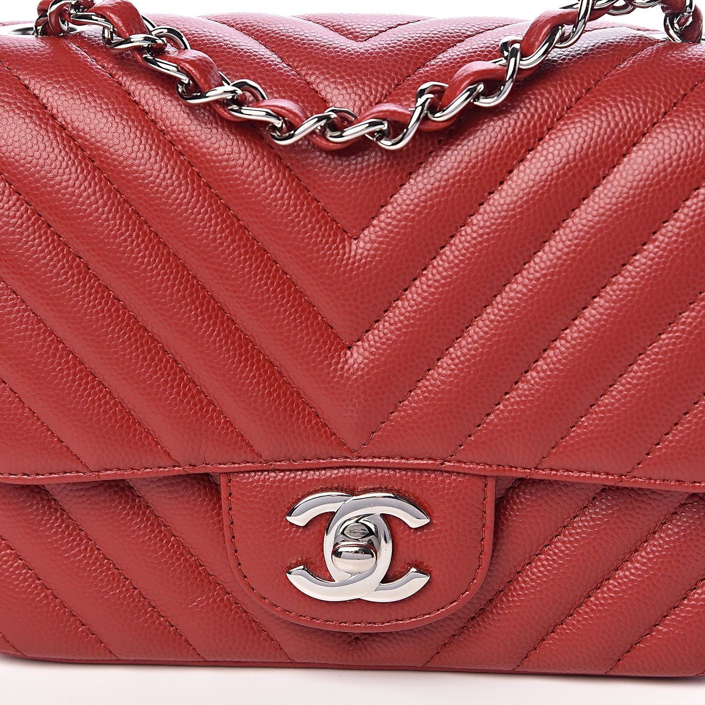 Caviar Chevron Quilted Mini Square Flap Dark Red