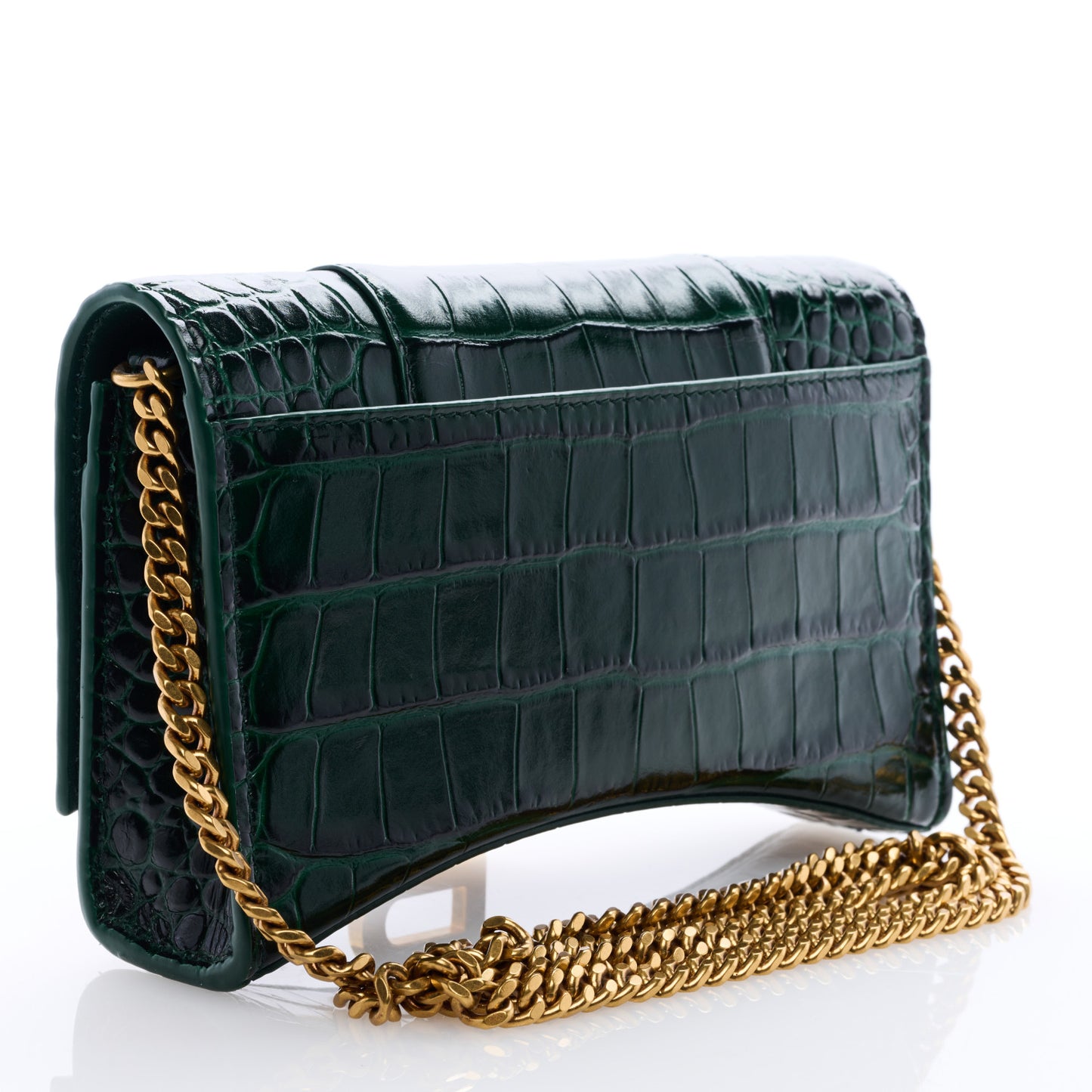 Shiny Calfskin Crocodile Embossed Hourglass Chain Bag Forest Green