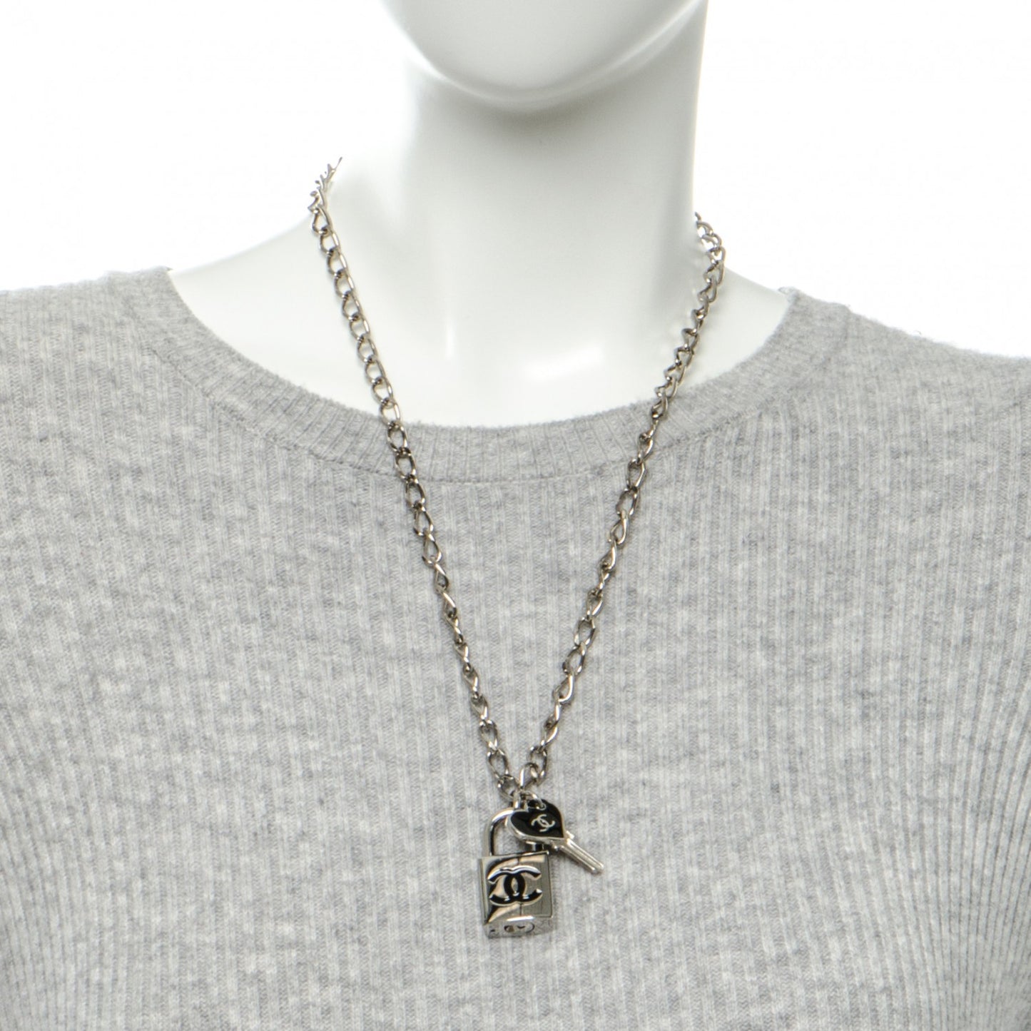 Enamel CC Padlock Heart Key Necklace Black Silver