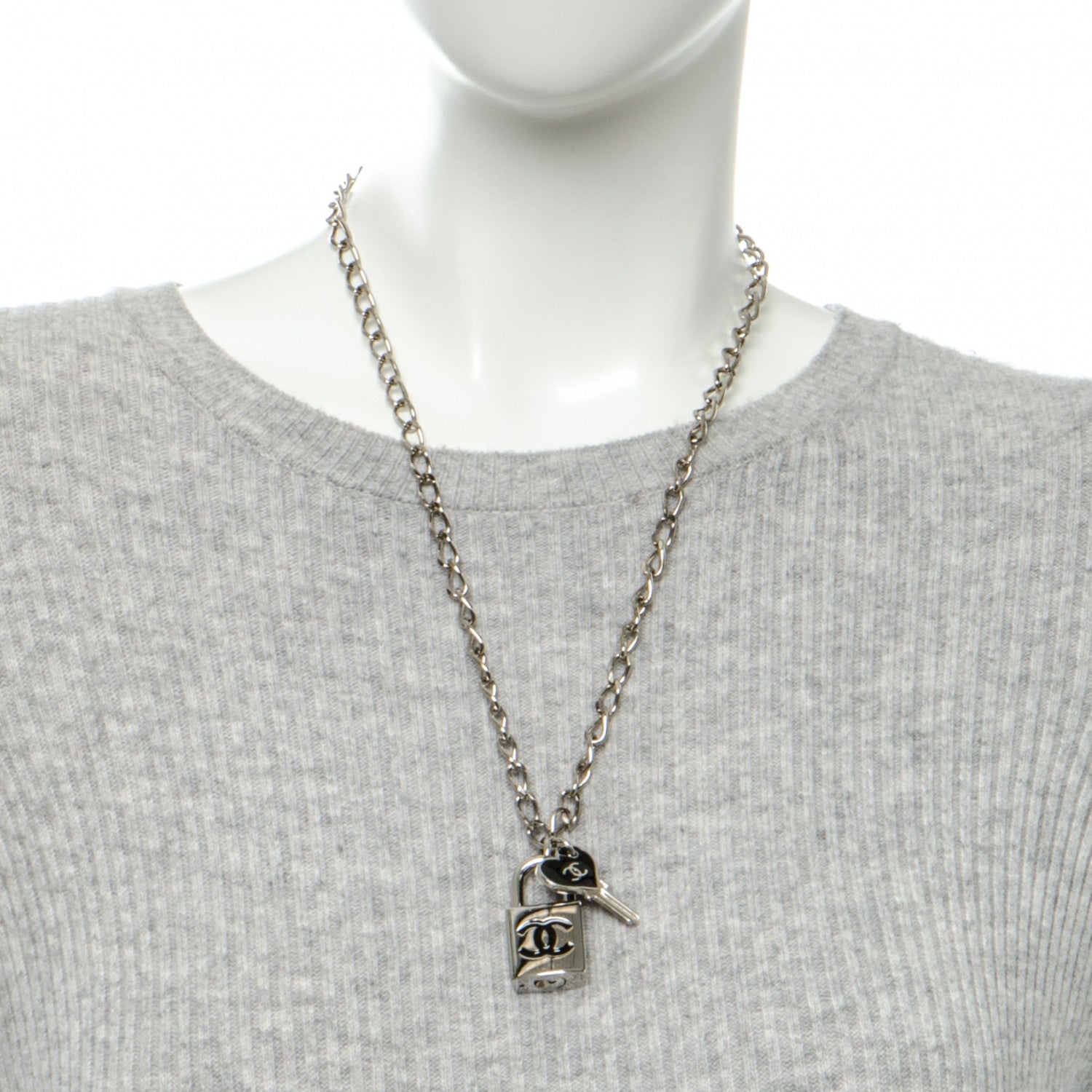 Chanel Enamel CC Padlock Heart Key Necklace Black Silver 2 of 4
