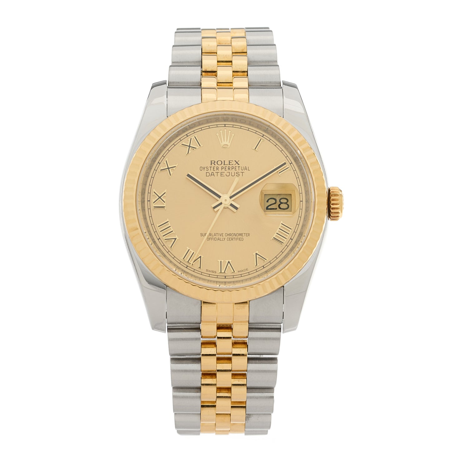 Stainless Steel 18K Yellow Gold 36mm Oyster Perpetual Datejust Watch Champagne Roman 116233