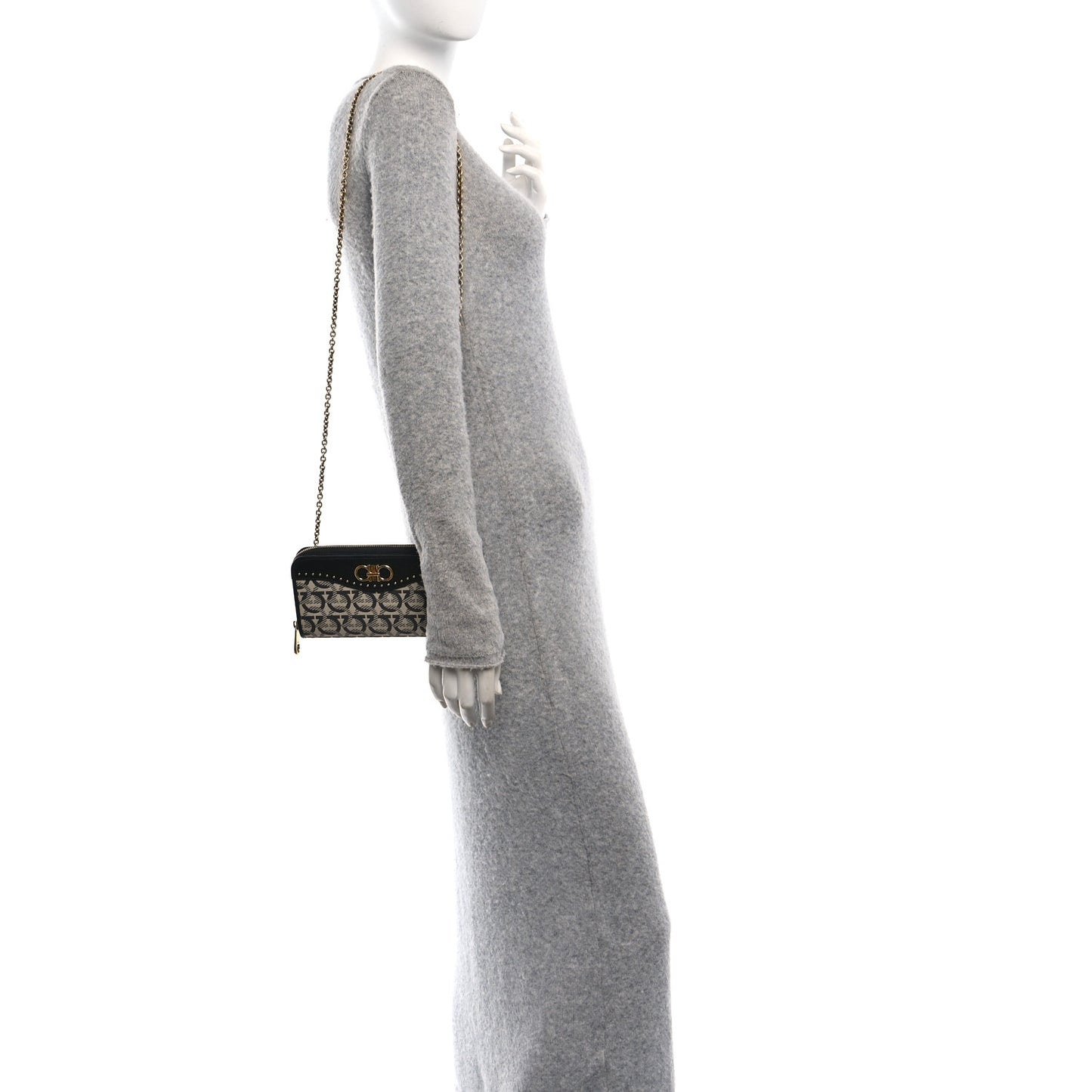 Canvas Calfskin Gancini Wallet On Chain Black Beige