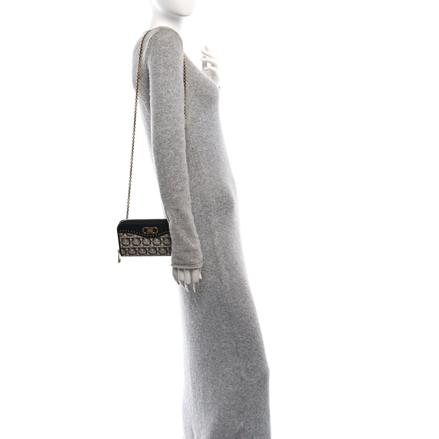 Salvatore Ferragamo Canvas Calfskin Gancini Wallet On Chain Black Beige 2 of 11