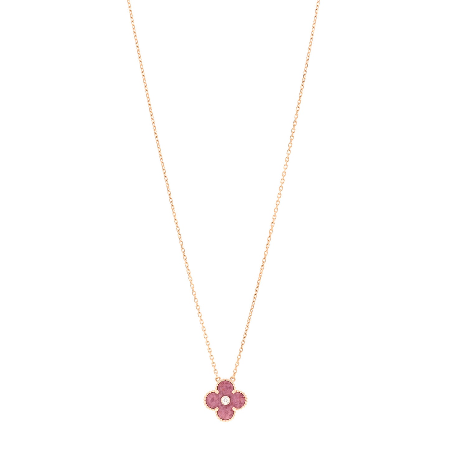 18K Rose Gold Diamond Rhodonite Vintage Alhambra Pendant Necklace
