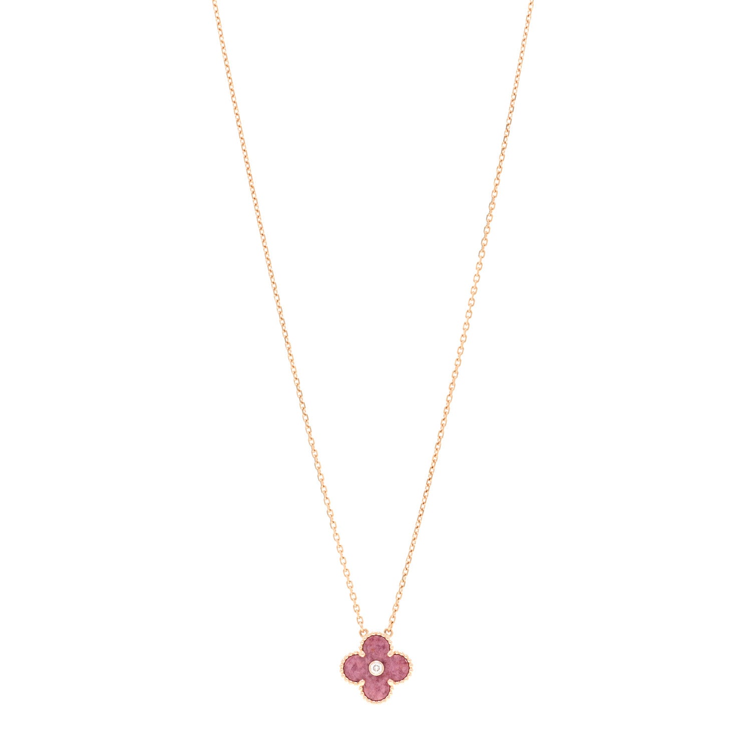 Van Cleef & Arpels 18K Rose Gold Diamond Rhodonite Vintage Alhambra Pendant Necklace 1 of 5