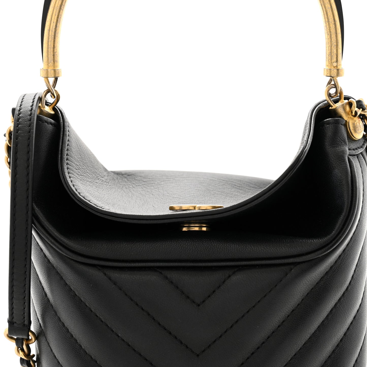 Lambskin Chevron Quilted Handle With Chic Bucket Bag Black