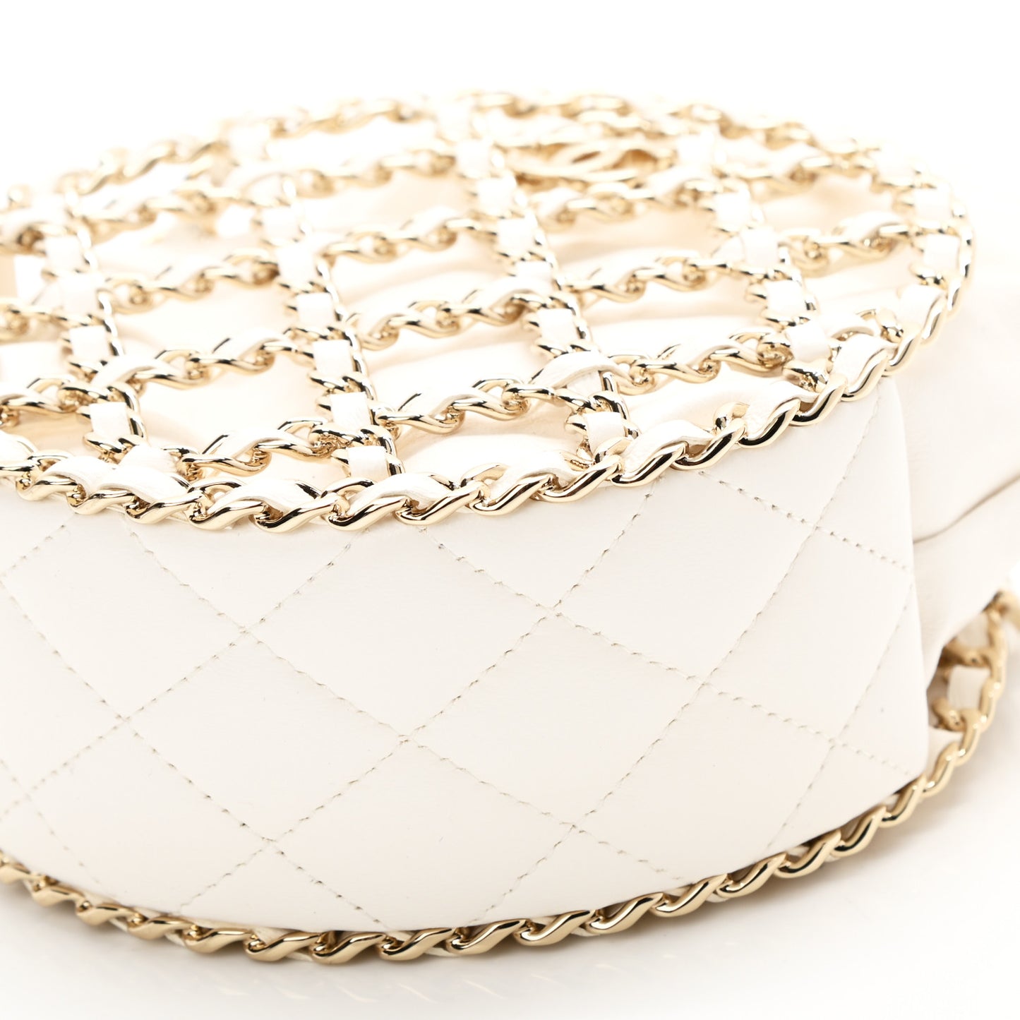 Lambskin Quilted Round Caged Chain Around Crossbody White