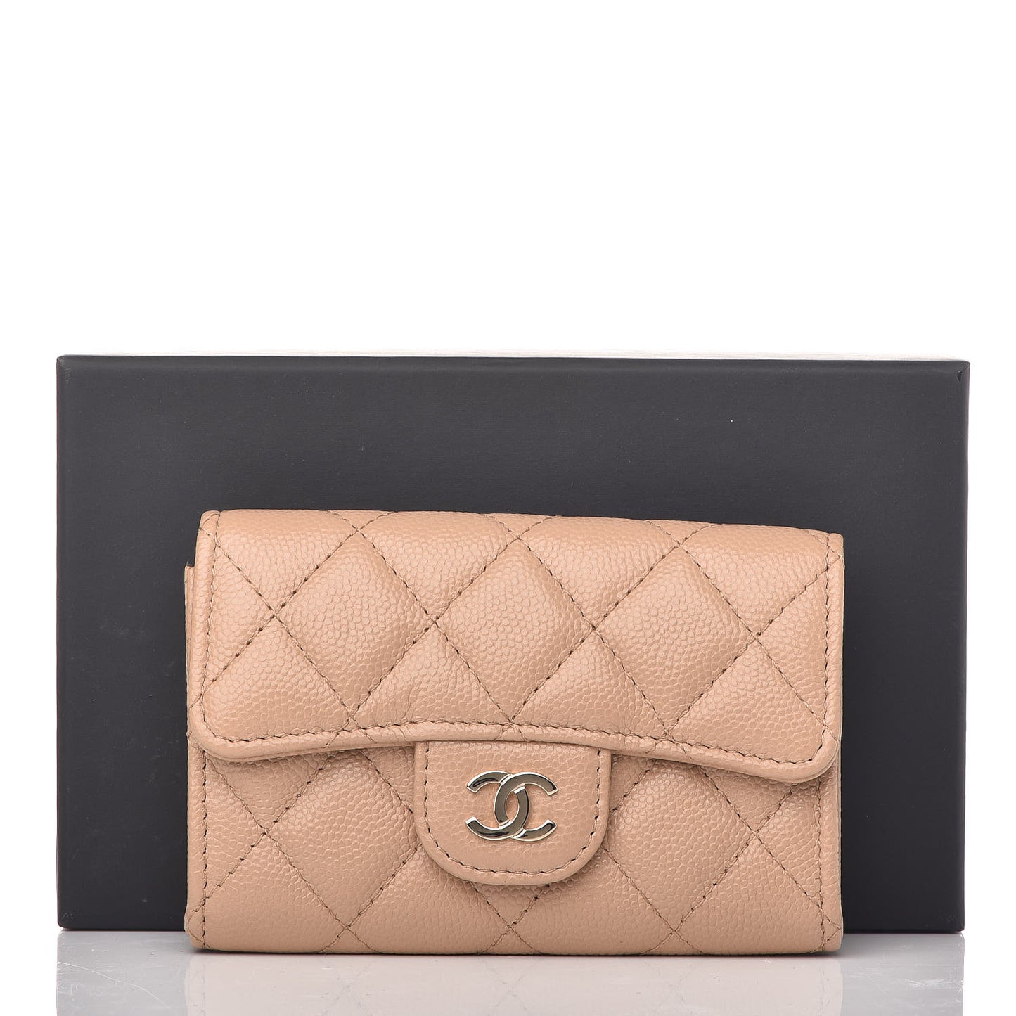 Caviar Quilted Flap Card Holder Wallet Beige