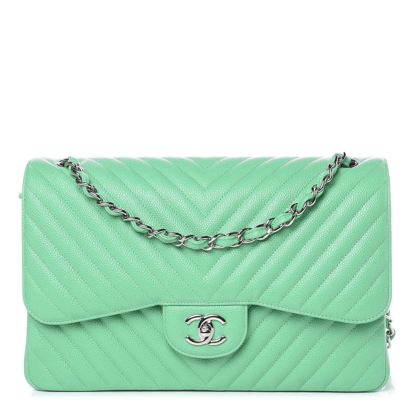 Caviar Chevron Quilted Jumbo Double Flap Green