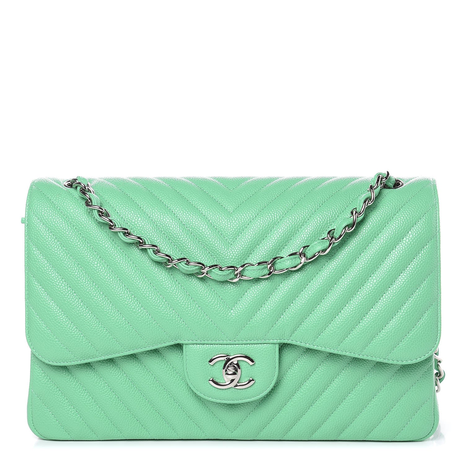 Chanel Caviar Chevron Quilted Jumbo Double Flap Green 1 of 9