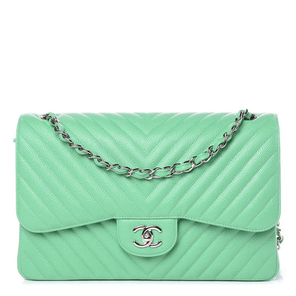 Chanel Caviar Chevron Quilted Jumbo Double Flap Green 1 of 9