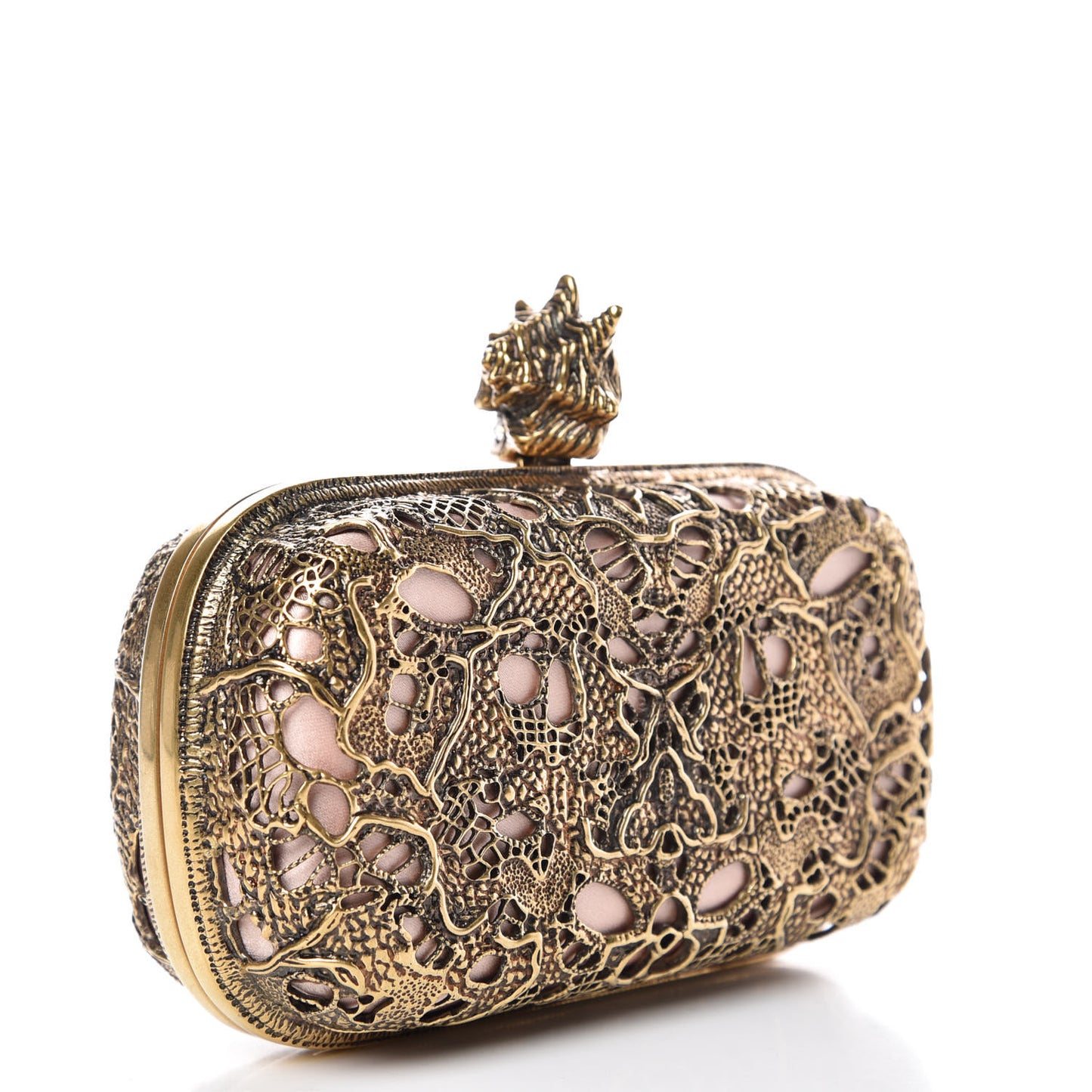 Metal Filigree Crystal Embellished Duchesse Skull Box Clutch Gold