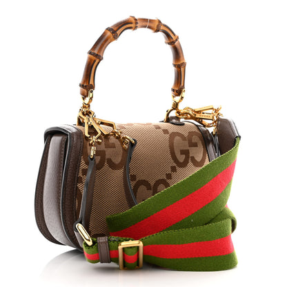 Gucci Monogram Jumbo GG Textured Dollar Calfskin Web Small Bamboo 1947 Top Handle Bag Camel Ebony New Acero 4 of 12