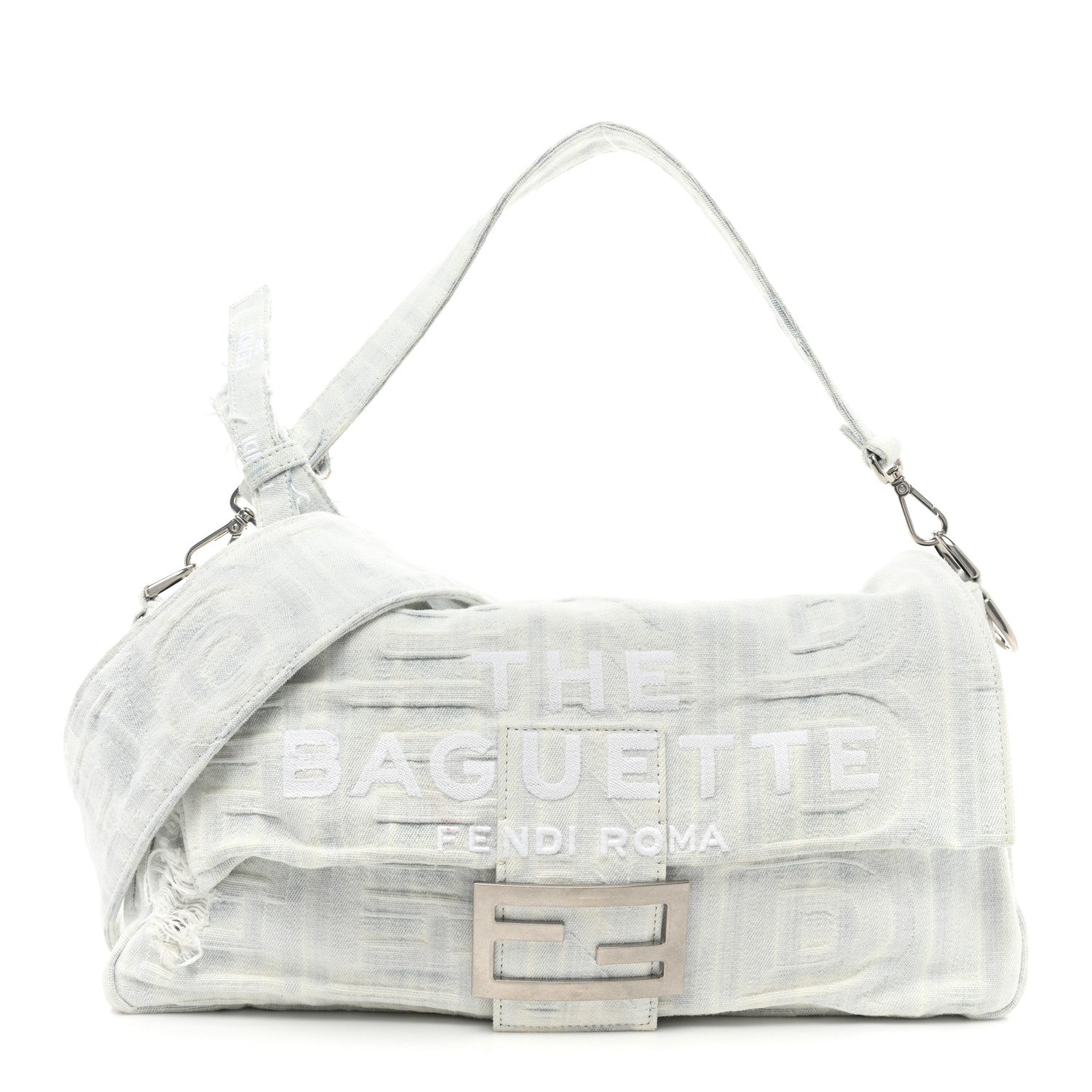 Fendi X MARC JACOBS Bleached Denim Logo Maxi Baguette Off White 1 of 10