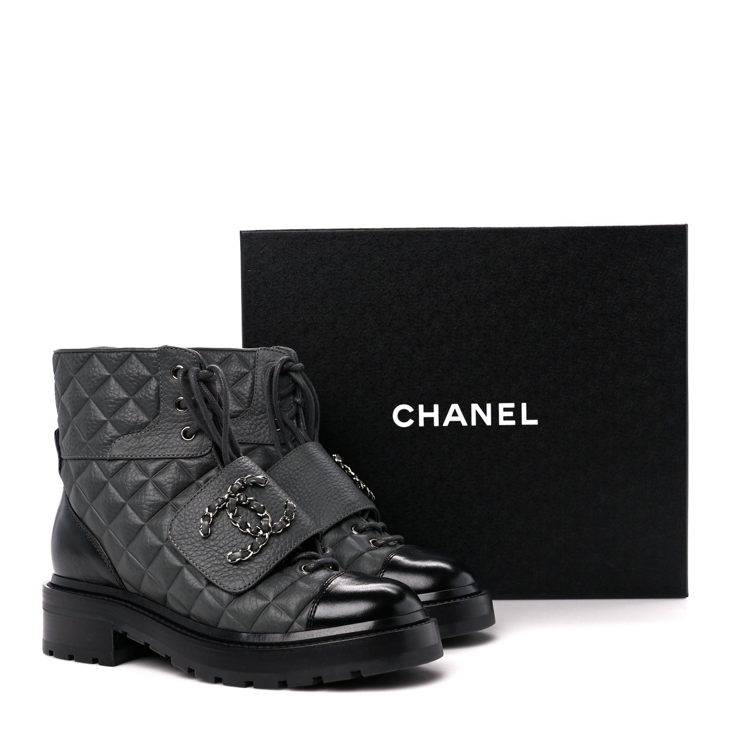 Calfskin Shiny Calfskin Quilted Lace Up Combat Boots 35 Dark Grey Black