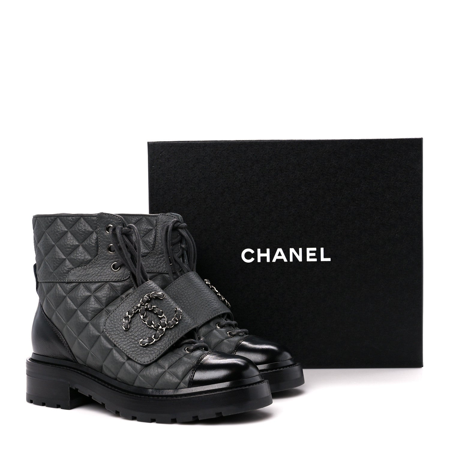 Chanel Calfskin Shiny Calfskin Quilted Lace Up Combat Boots 35 Dark Grey Black 10 of 10