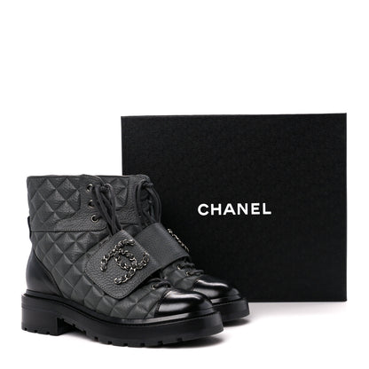 Chanel Calfskin Shiny Calfskin Quilted Lace Up Combat Boots 35 Dark Grey Black 10 of 10