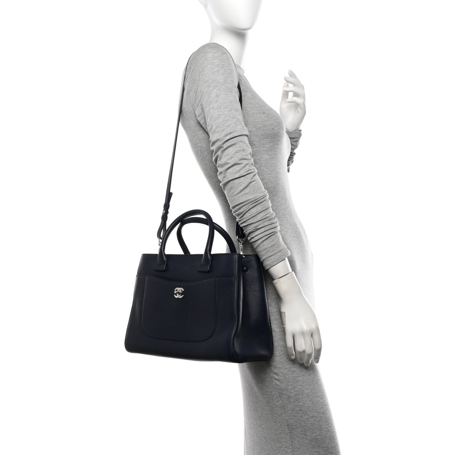 Grained Calfskin Small Neo Executive Shopper Tote Navy