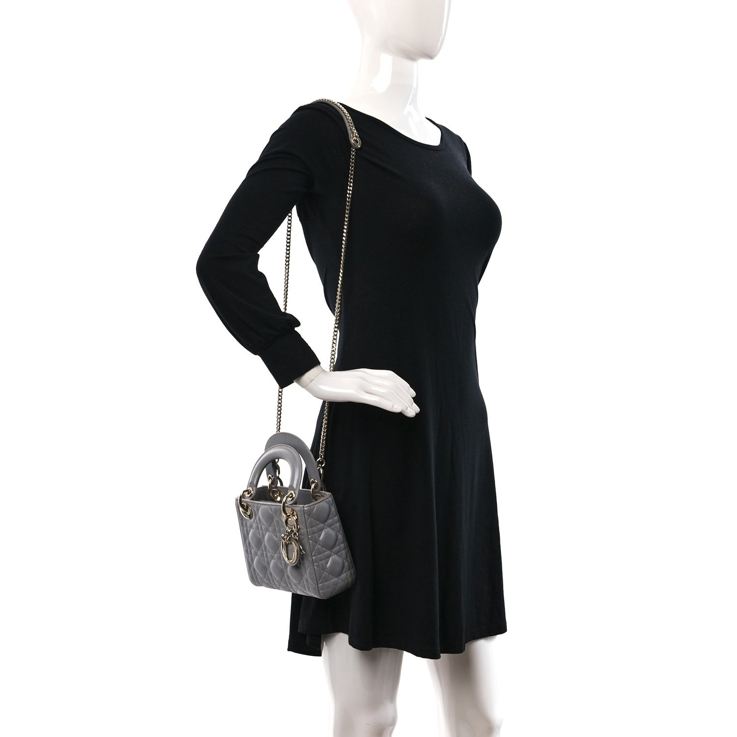 Metallic Lambskin Cannage Mini Lady Dior Grey