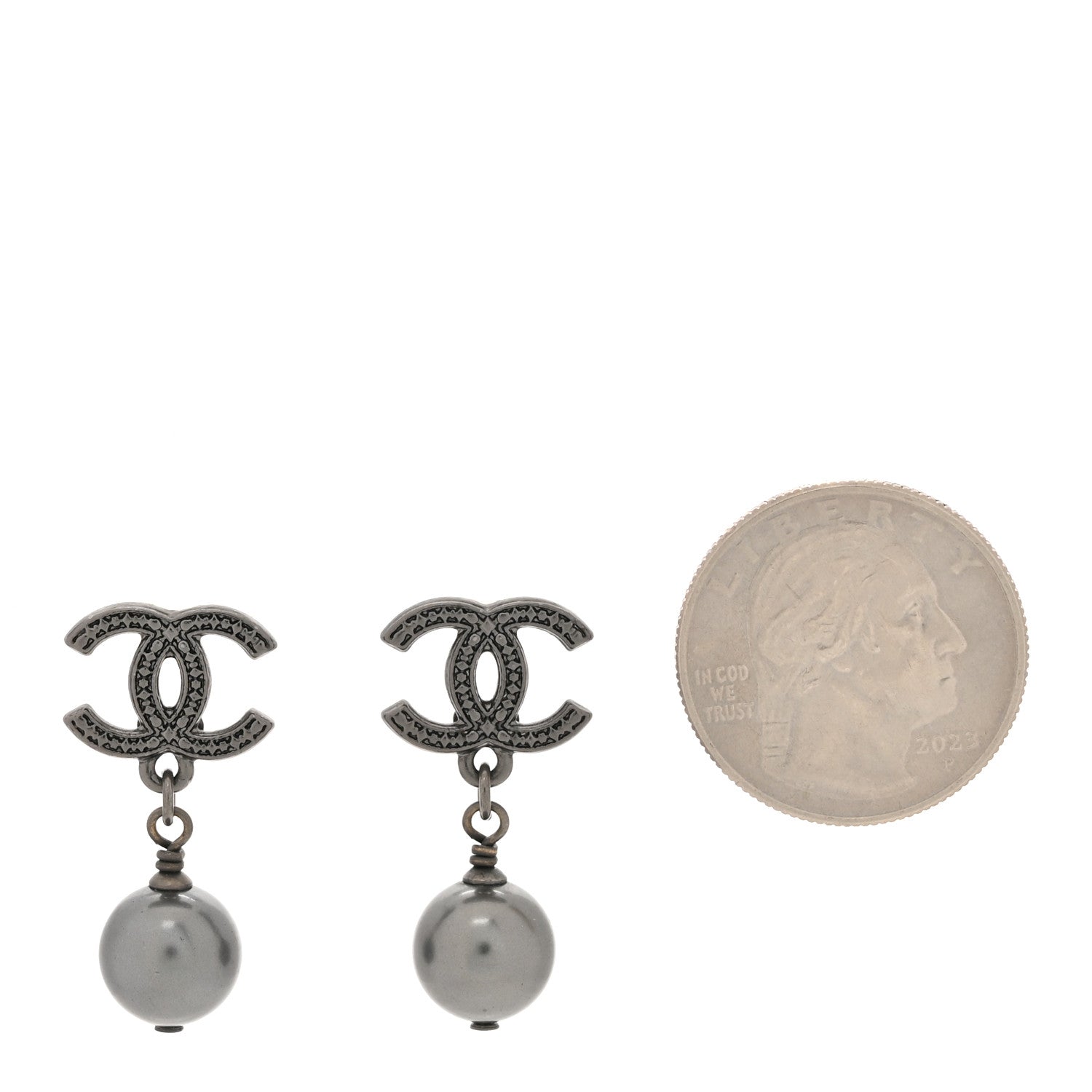 Chanel Pearl CC Drop Earrings Ruthenium Grey 2 of 5