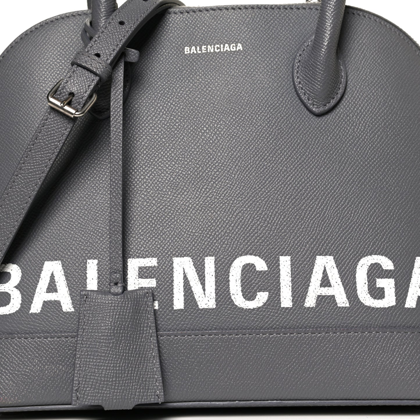Signature Grained Calfskin Logo S Ville Top Handle Bag Gris Perle Fonce White